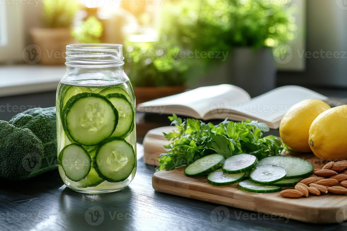 Infused water with cucumber, lemon and parsley on kitchen table promoting healthy lifestyle photo