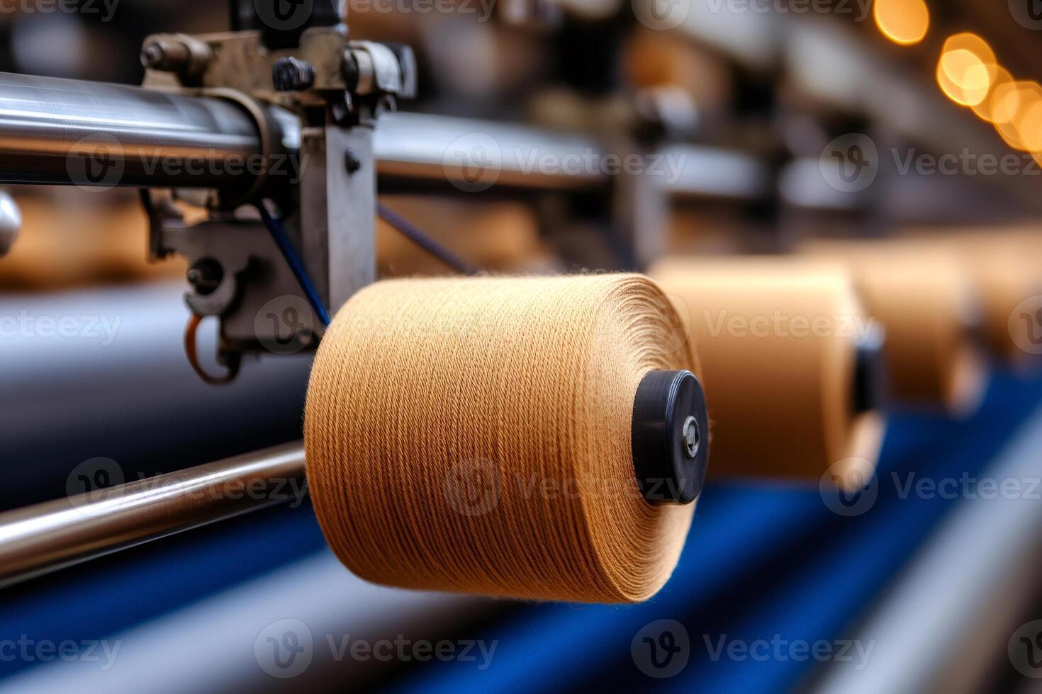 Industrial machinery processing raw materials into fine threads in textile factory photo