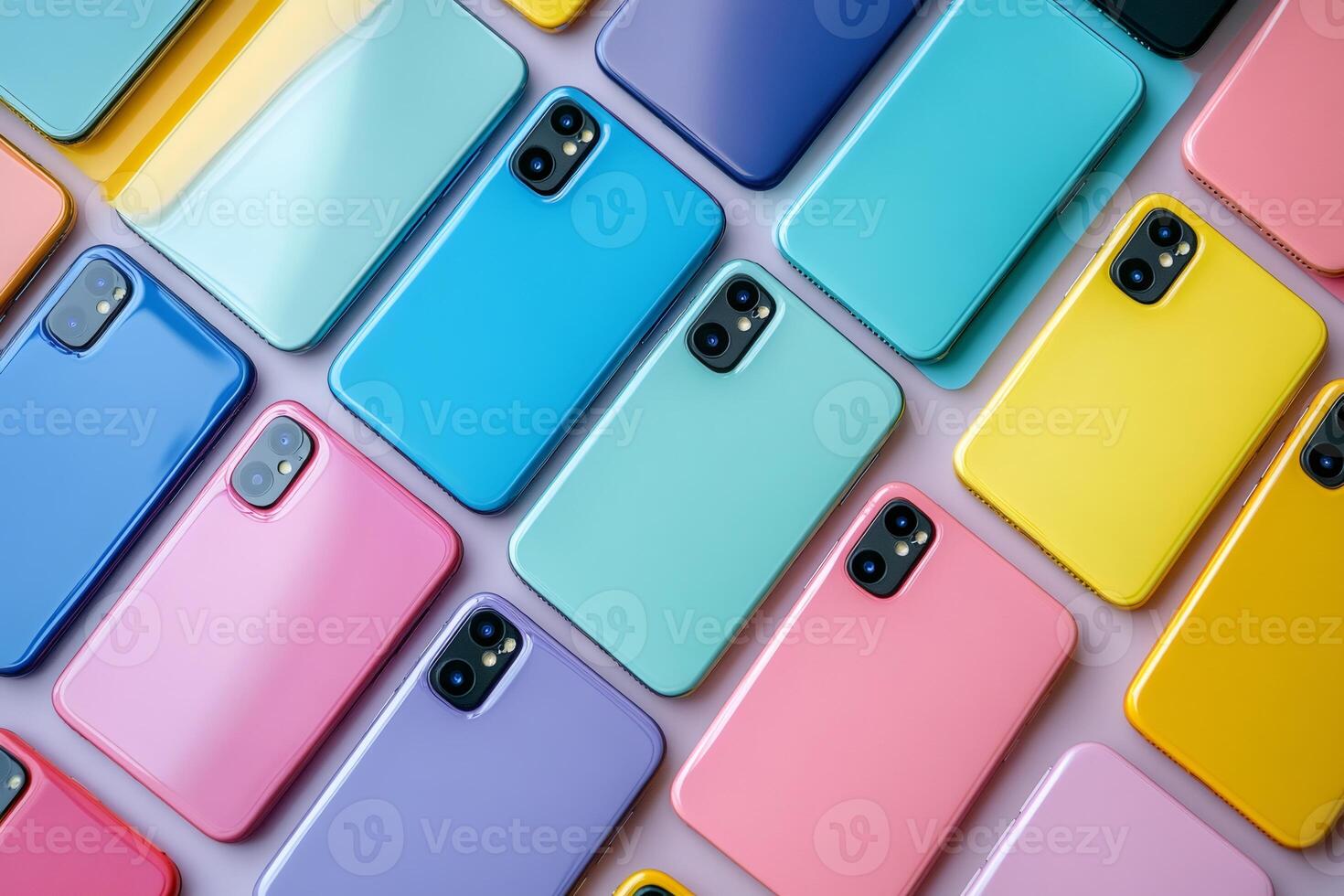 Many colorful smartphones lying on pink background, showing back cameras photo