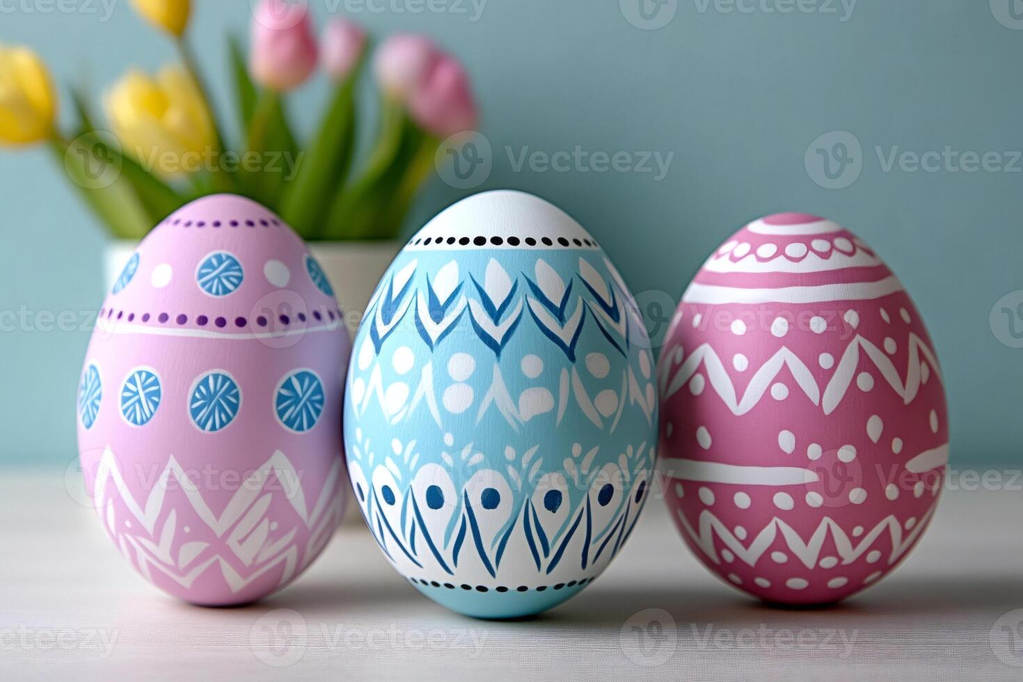 Hand painted easter eggs with tulips in background celebrating spring season photo