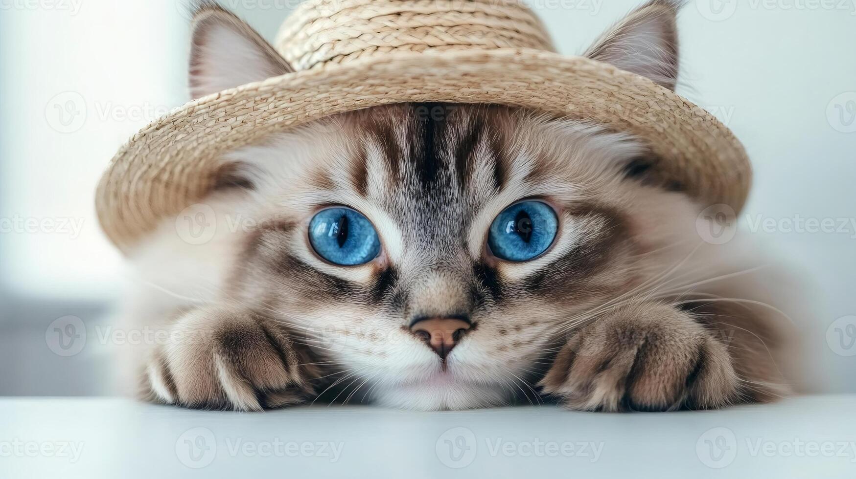 Cute ragdoll cat wearing straw hat and resting on white table photo