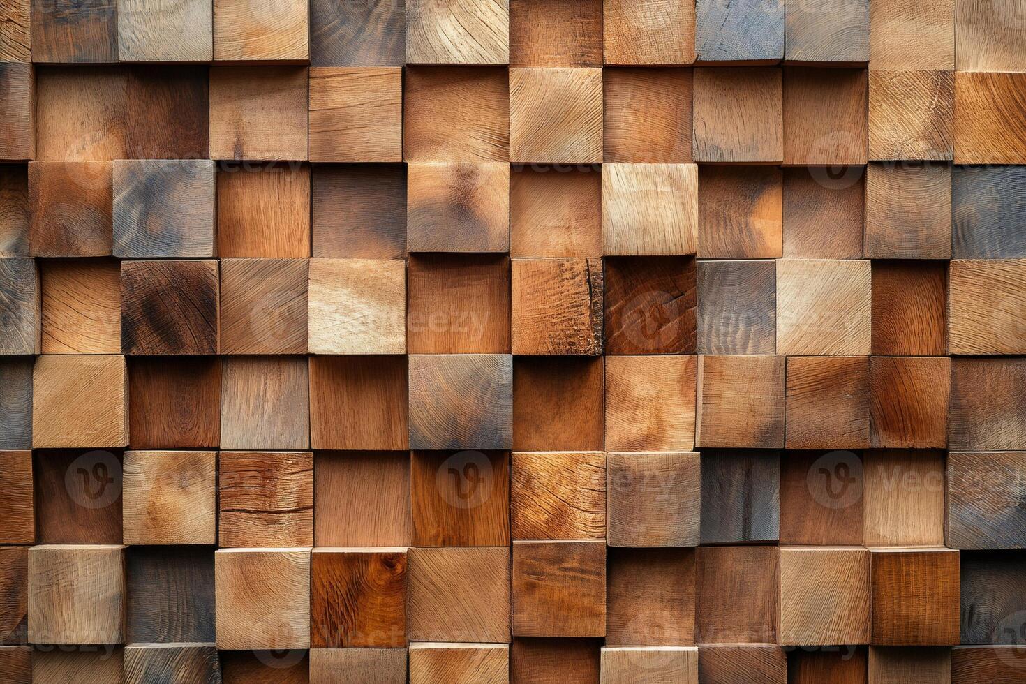 Decorative wooden cube wall forming textured geometric pattern photo