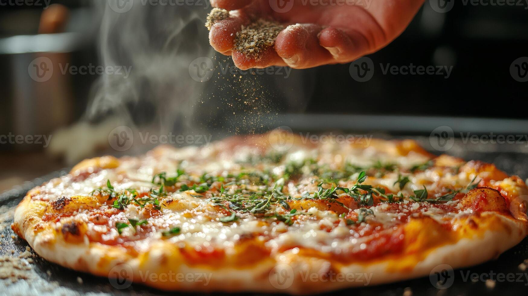 Cook adding spices to freshly baked pizza with herbs, mozzarella cheese and tomato sauce photo