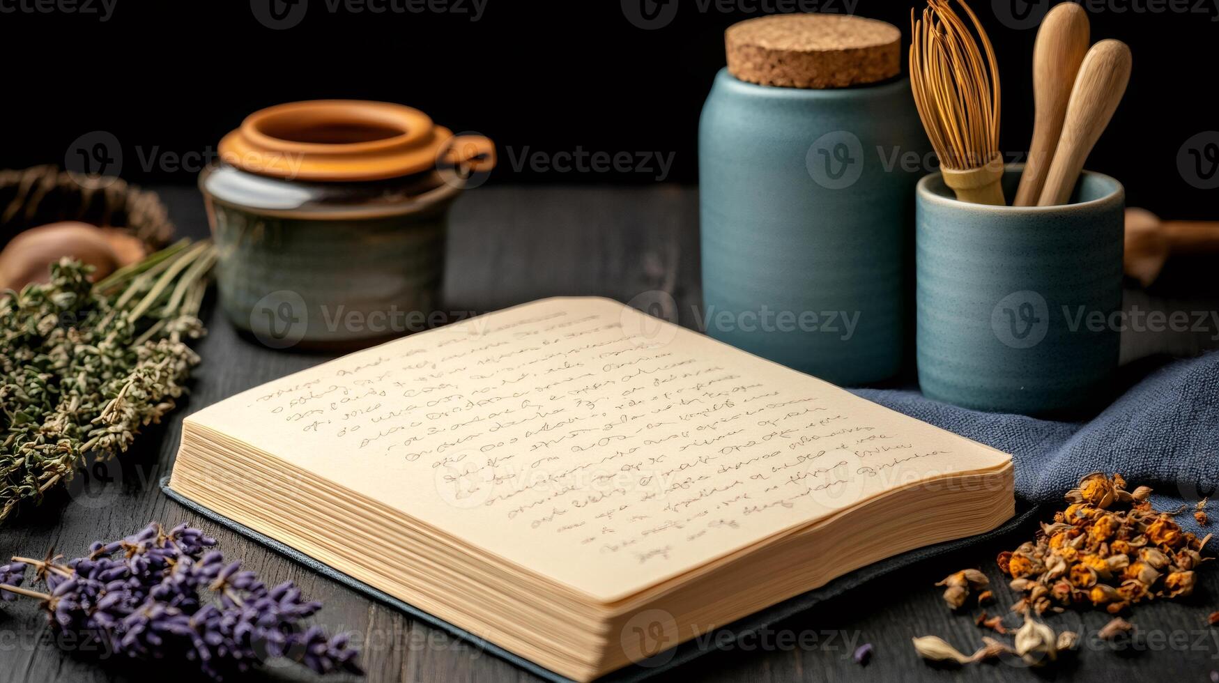 Open book, dried flowers, and ceramic jars creating a cozy atmosphere photo