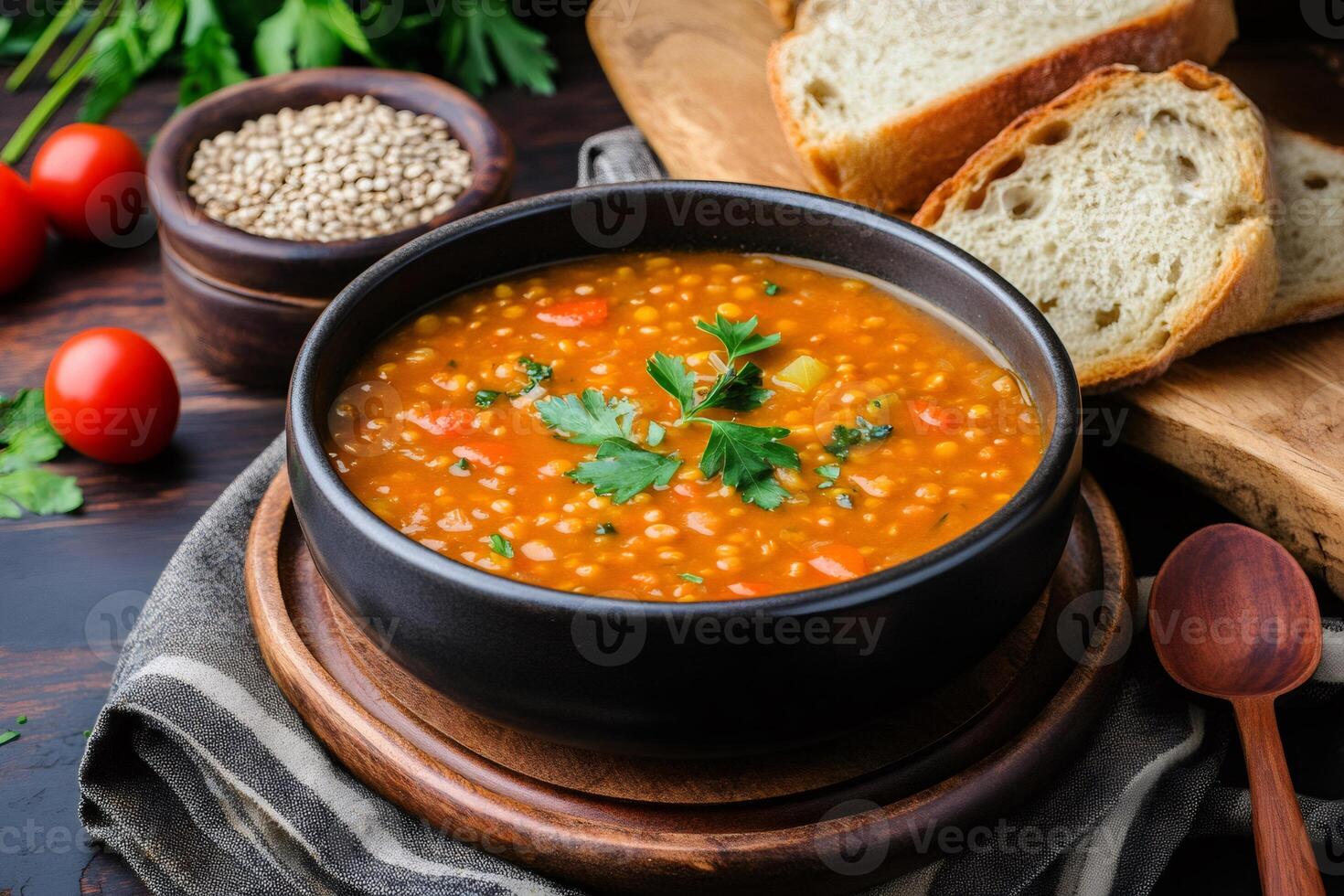 Steaming lentil soup garnished with parsley in rustic bowl photo