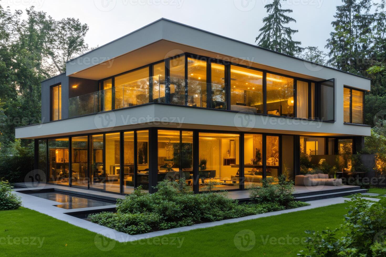 Modern luxury house illuminating the surrounding garden at twilight photo