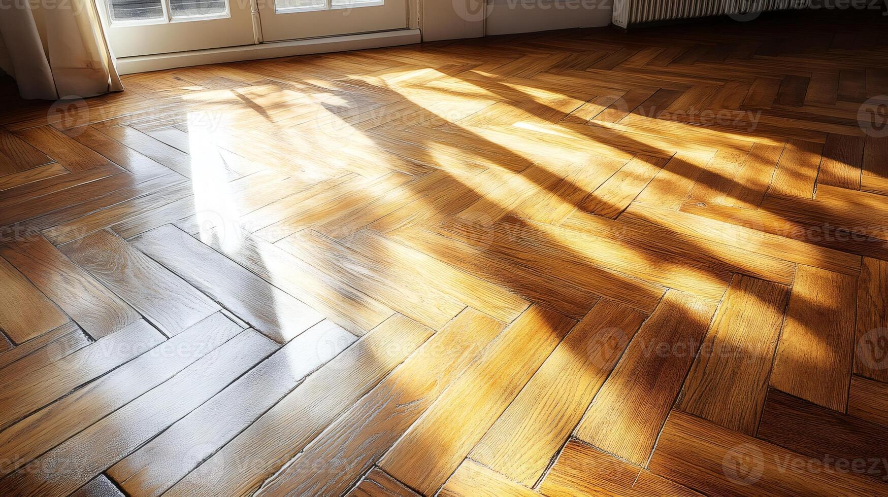 Sunlight illuminating herringbone parquet wooden floor in an empty room photo