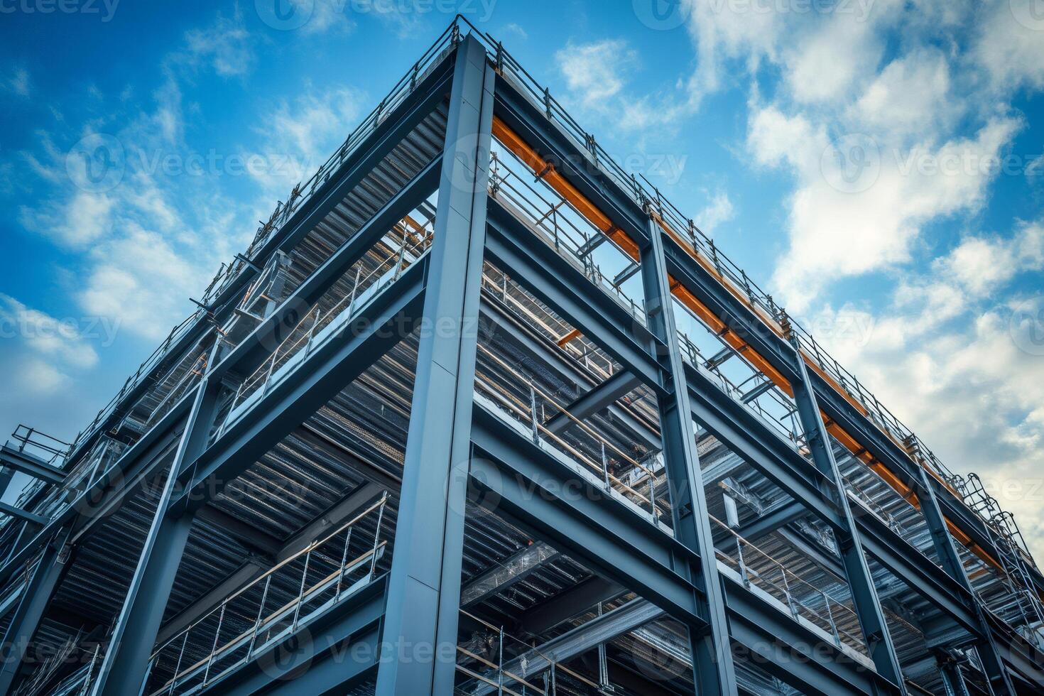 Modern building under construction with steel structure and blue sky photo