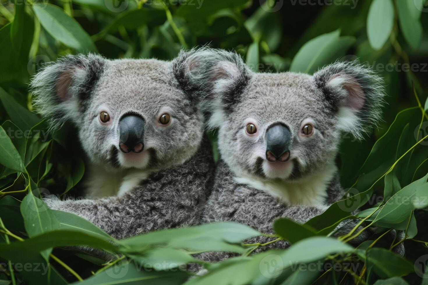 Two koalas relaxing and eating eucalyptus leaves in tree photo