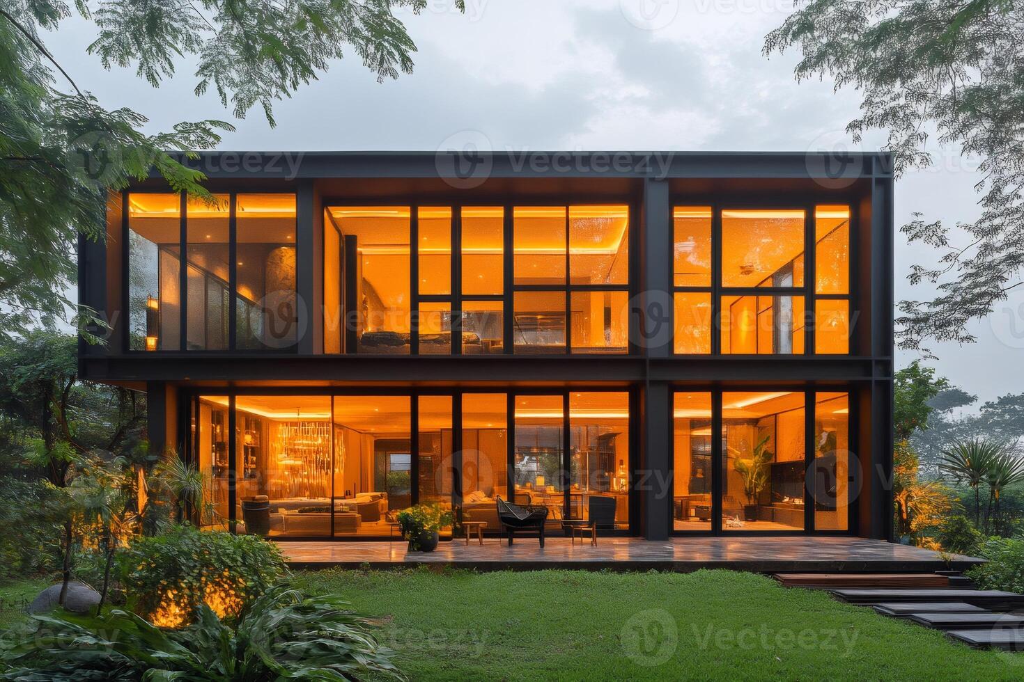 Modern house shining at dusk with large windows illuminating interior photo