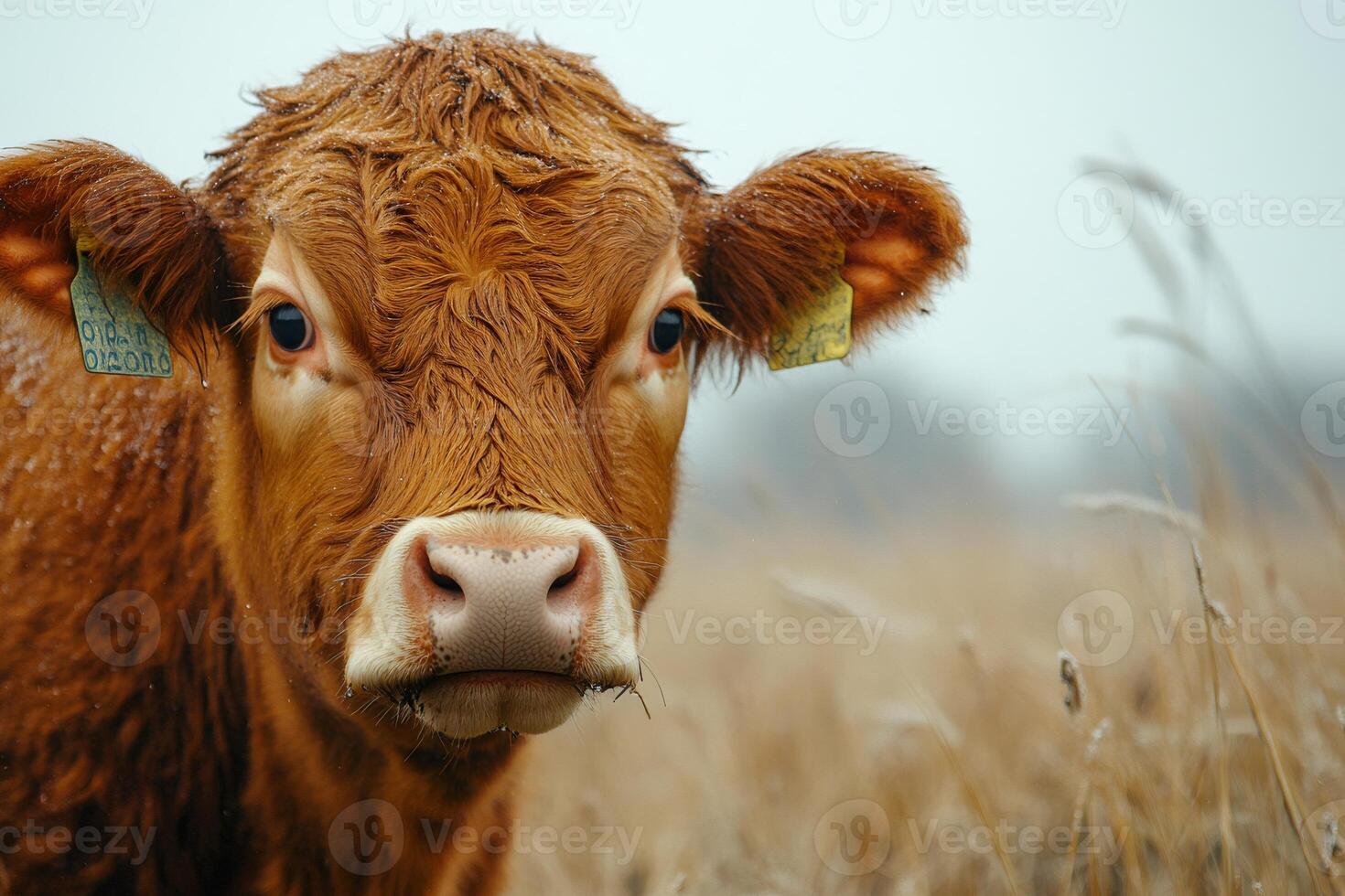Limousin cattle posing in winter field photo