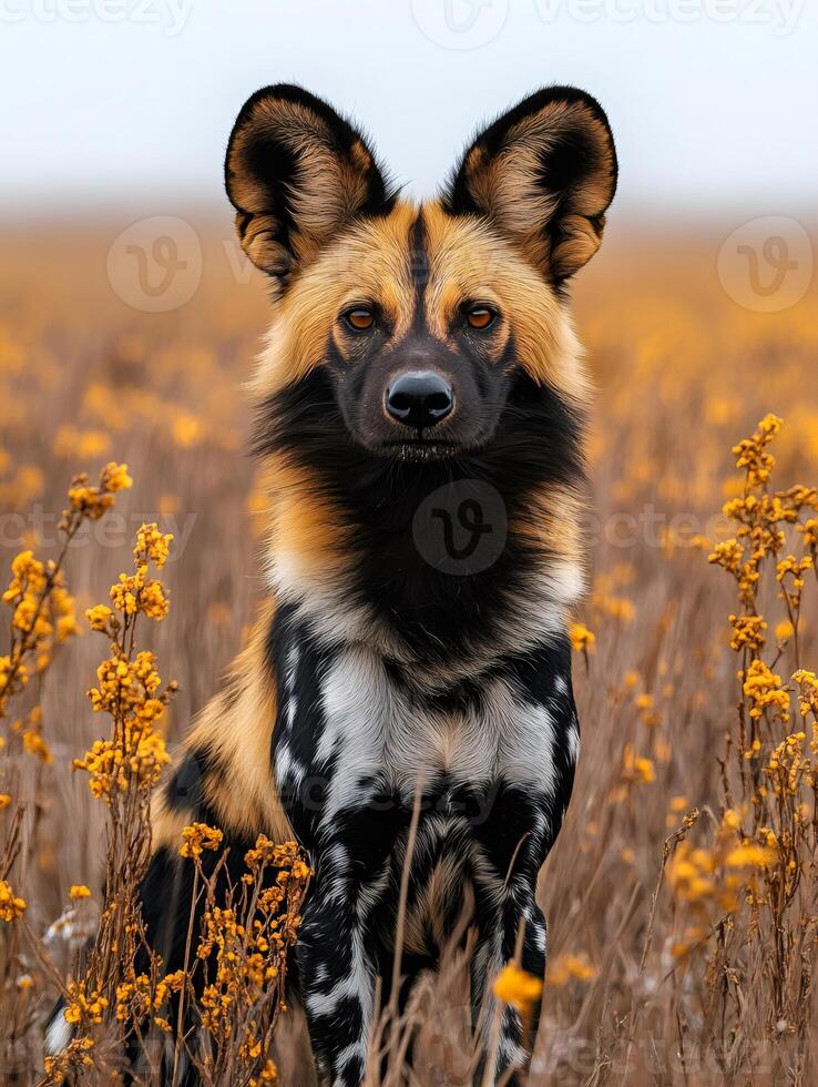 African wild dog sitting in yellow flowers field photo