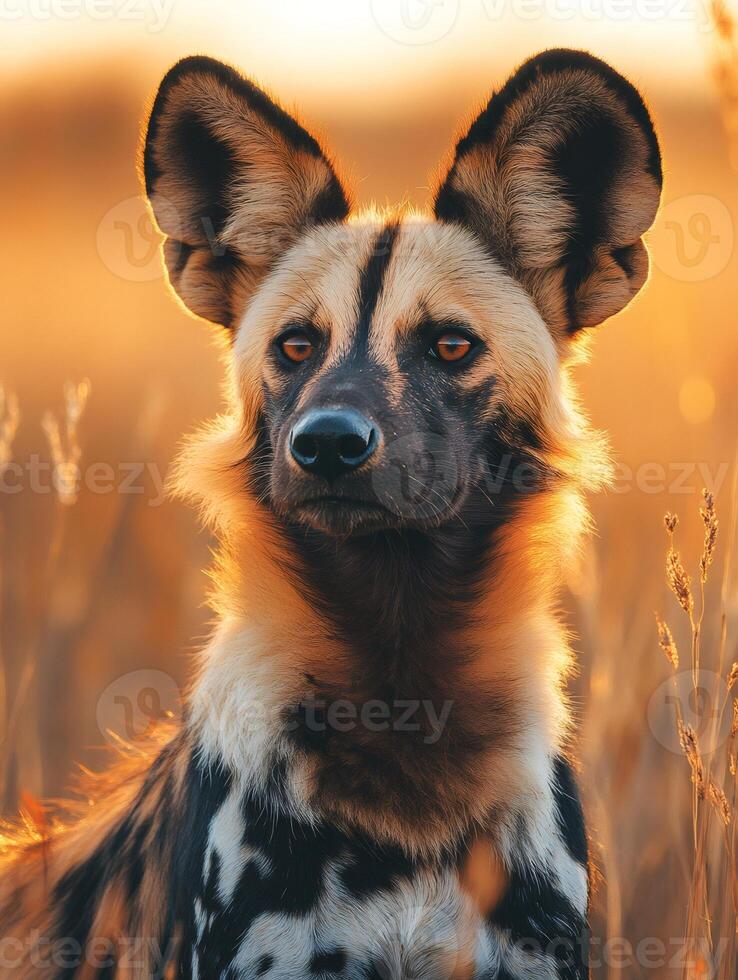 African wild dog showing big ears at sunset in botswana photo
