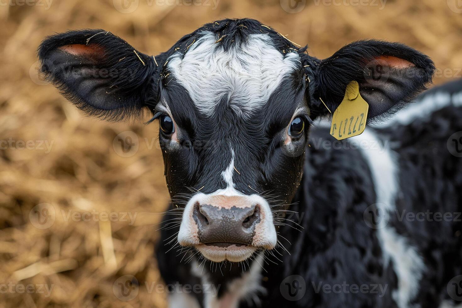 Black and white calf posing on straw in barn photo
