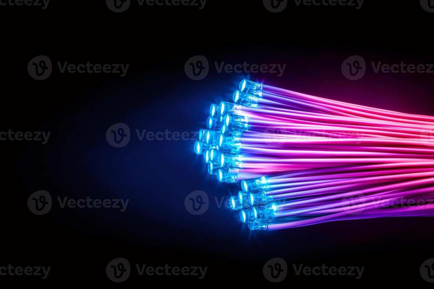 Bundle of optical fibers transmitting data with light beams on black background photo