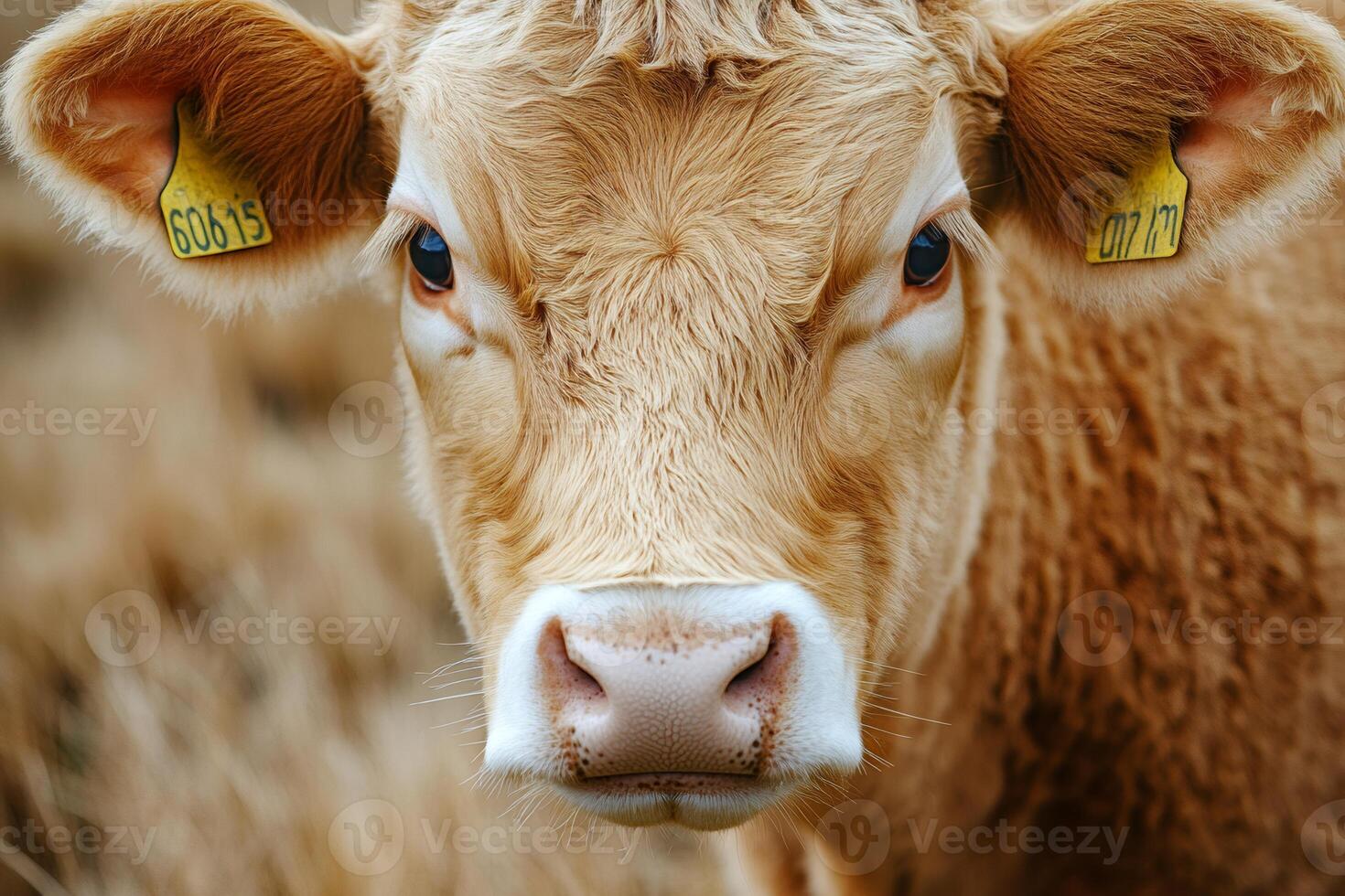 Portrait of a curious cow staring with its big eyes and ear tags photo
