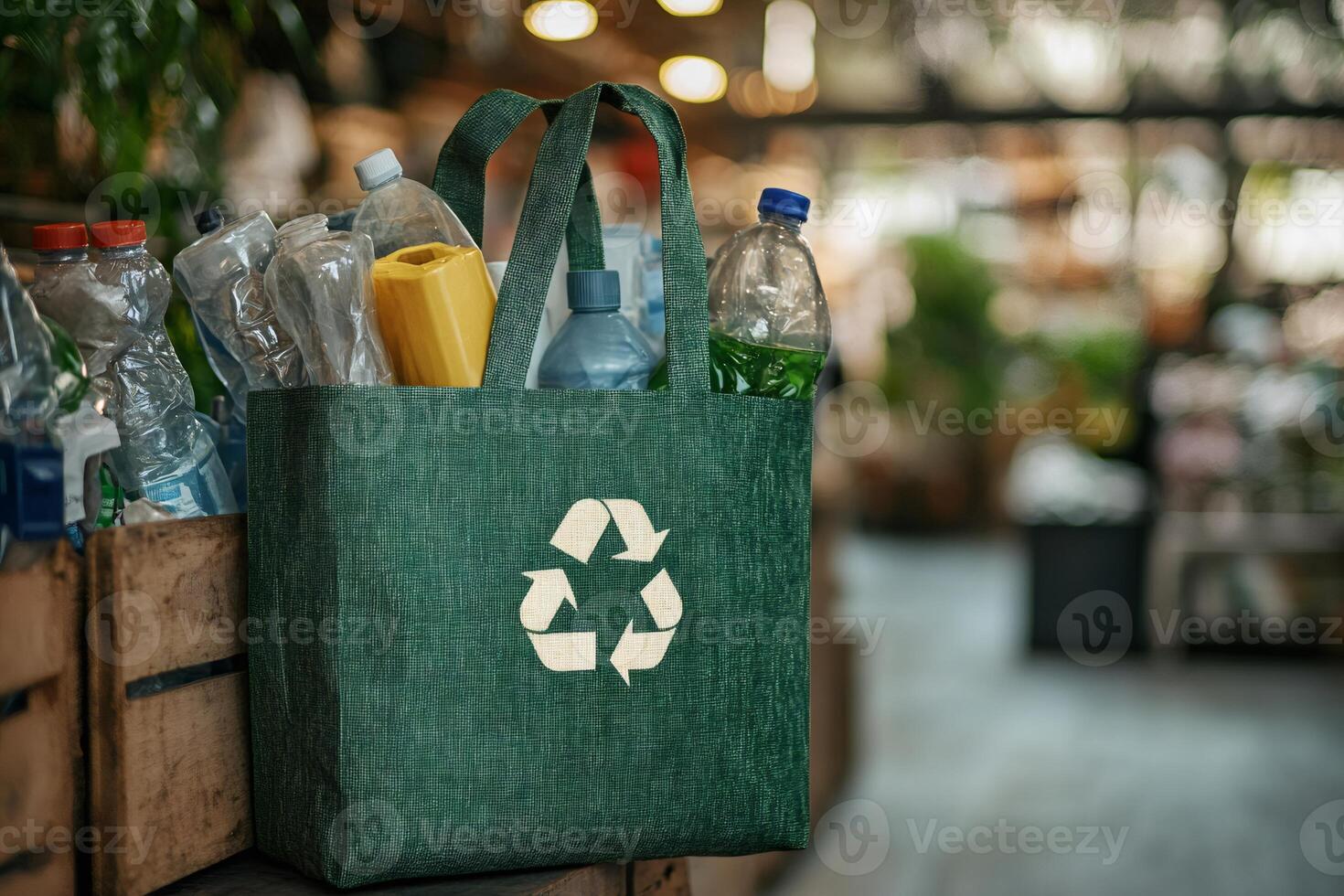 Green reusable shopping bag filled with plastic bottles for recycling photo