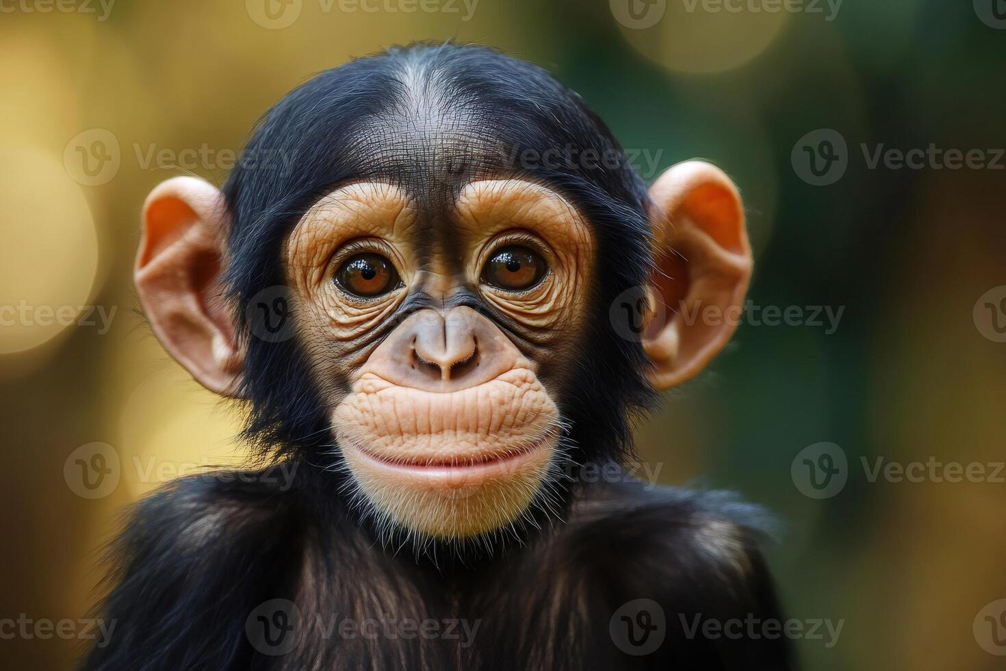 Portrait of a baby chimpanzee showing its smile and innocence photo
