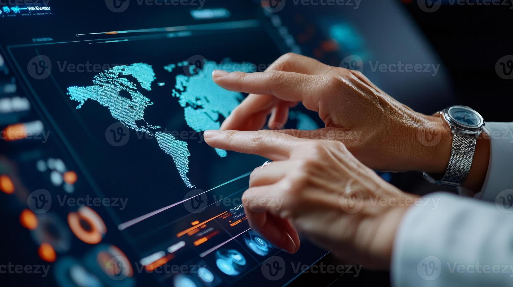 Businesswoman using interactive touchscreen display showing world map for planning global business strategy photo