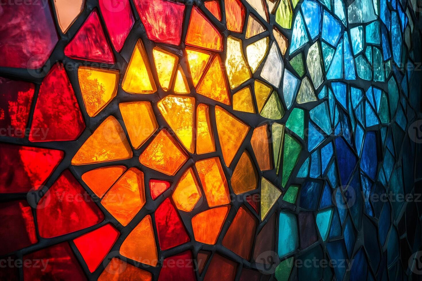 Colorful stained glass window creating a vibrant mosaic of light and color photo