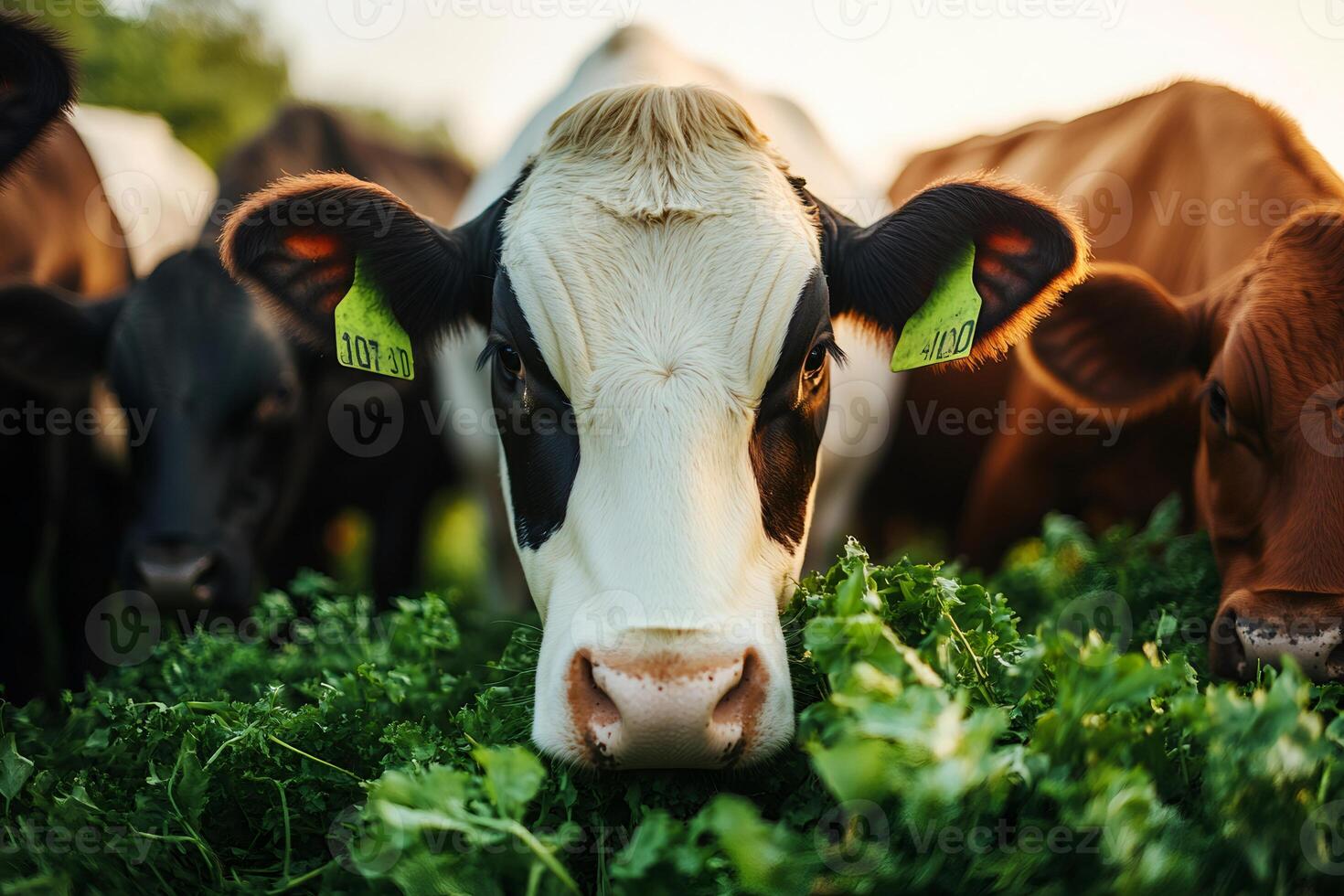 Cows eating fresh grass in the field photo