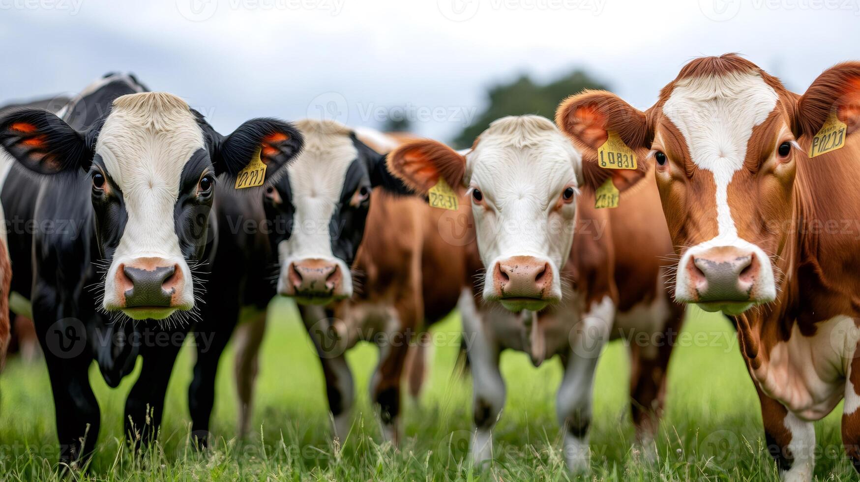 Guernsey cows standing in a green field photo