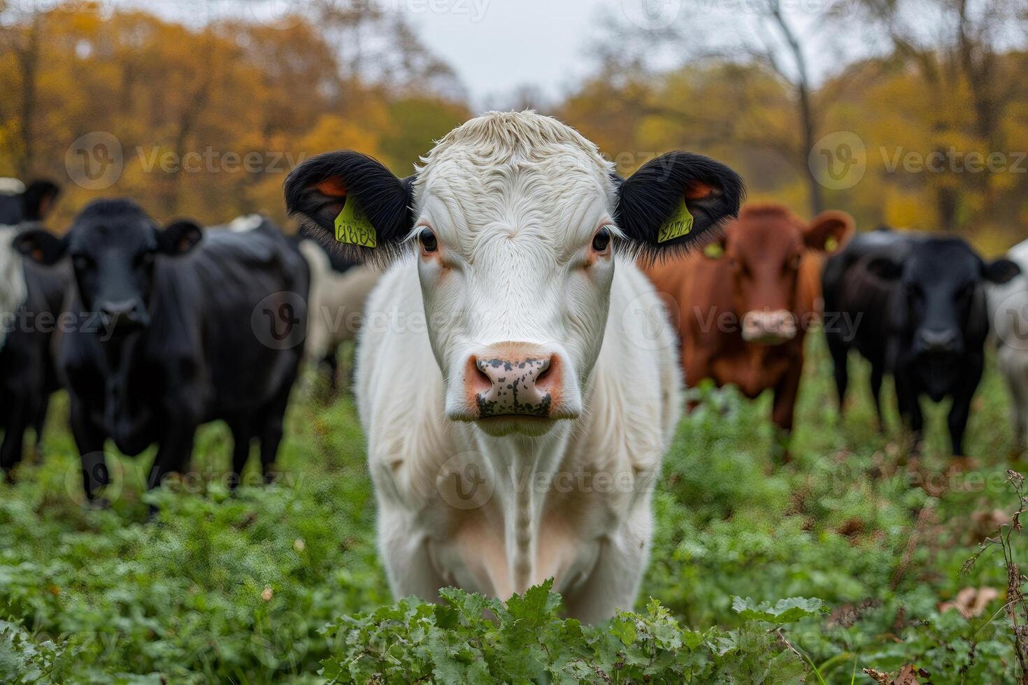 White cow standing in green field with herd of cows in background photo