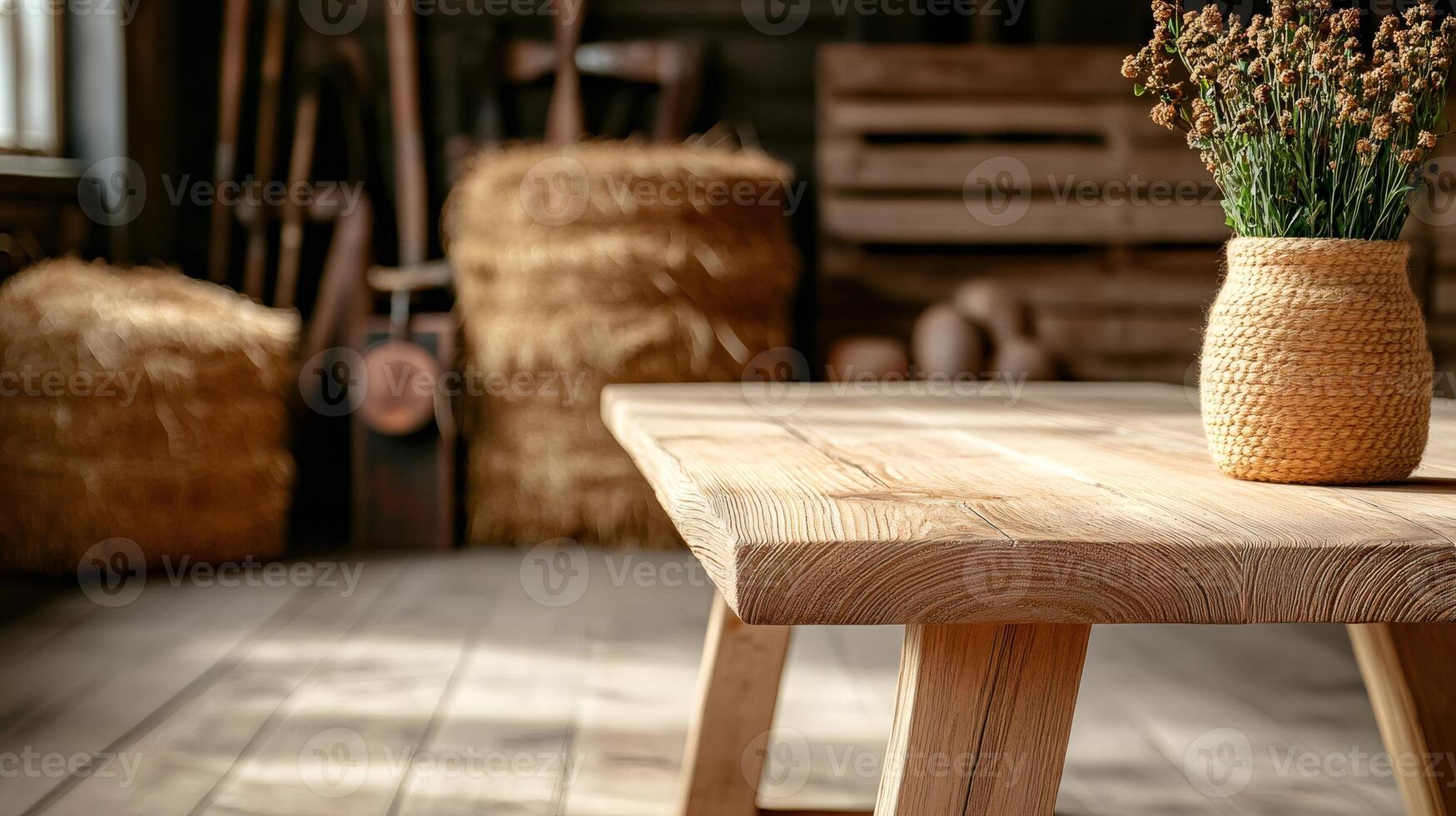 Wooden table showing eco friendly rustic interior design with hay bales in blurred background photo