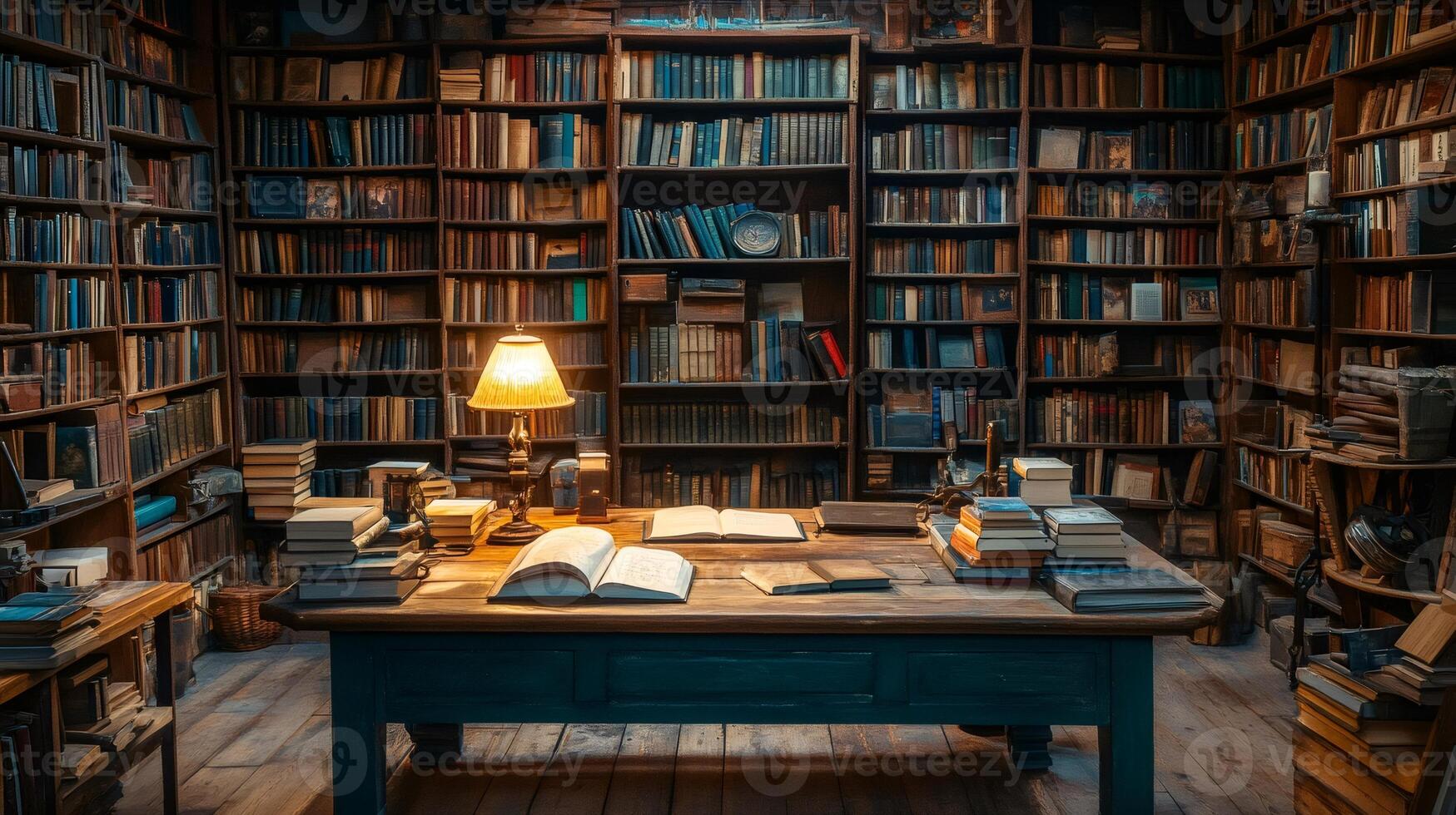 Open books resting on table in cozy library illuminating wisdom and knowledge photo