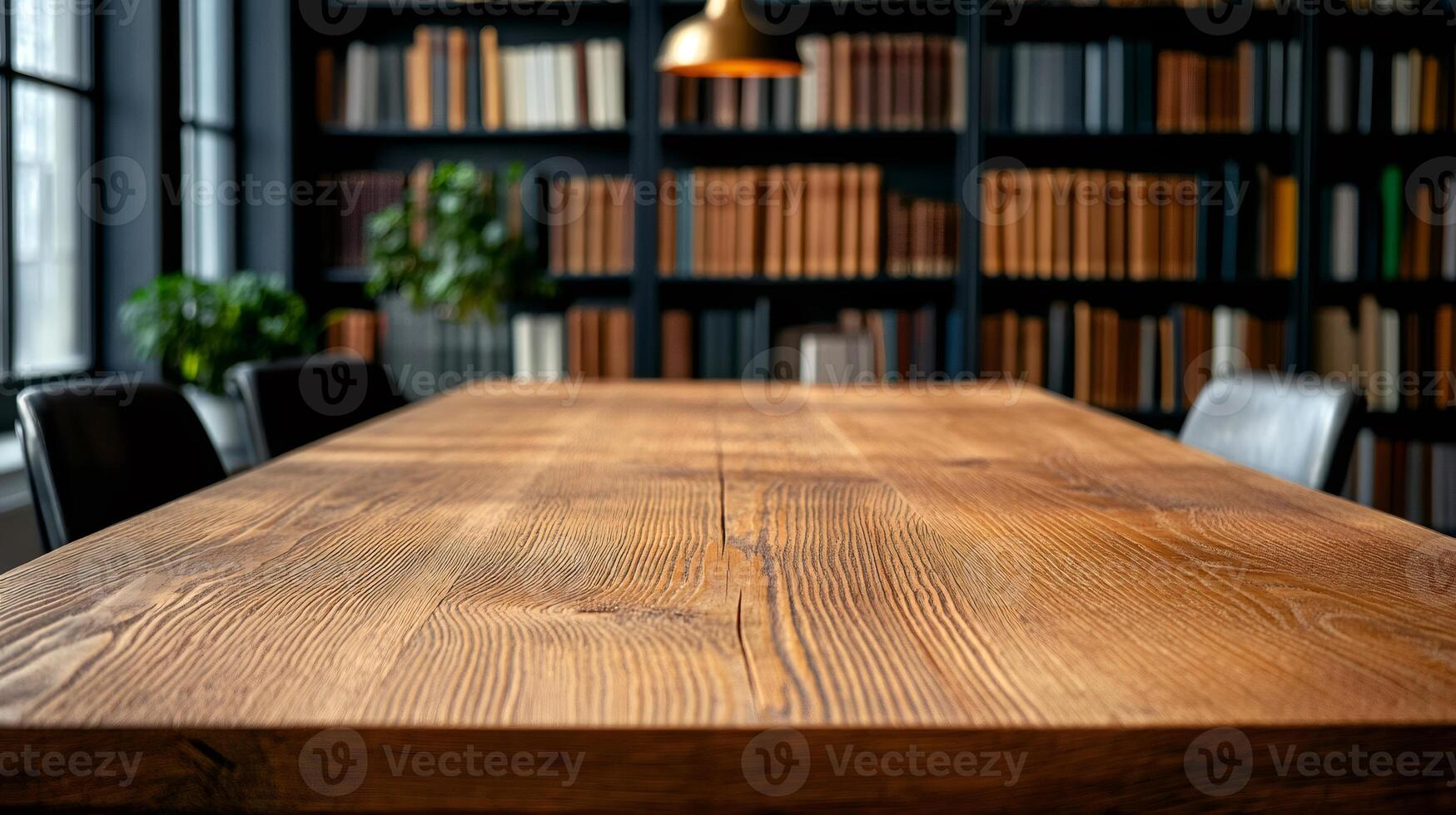 Empty wooden table in blurred library background with big window photo
