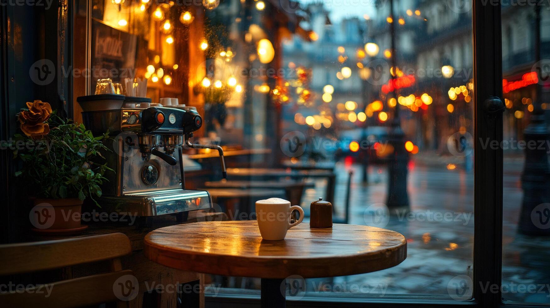 Coffee cup sitting on table in cozy cafe overlooking rainy city street at dusk photo