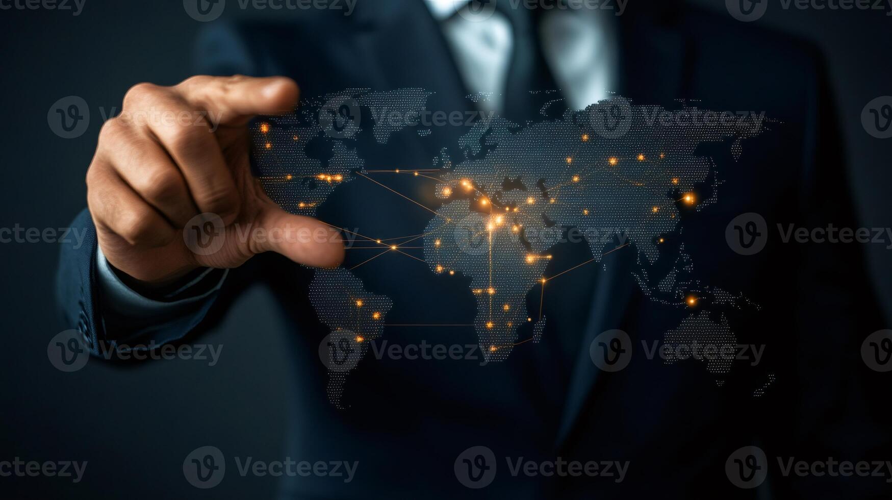 Businessman navigating global network connections with interactive world map photo