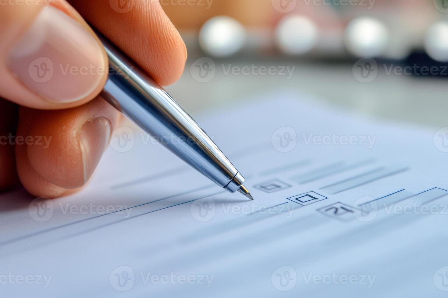Businessman filling survey form with pen and choosing answer photo