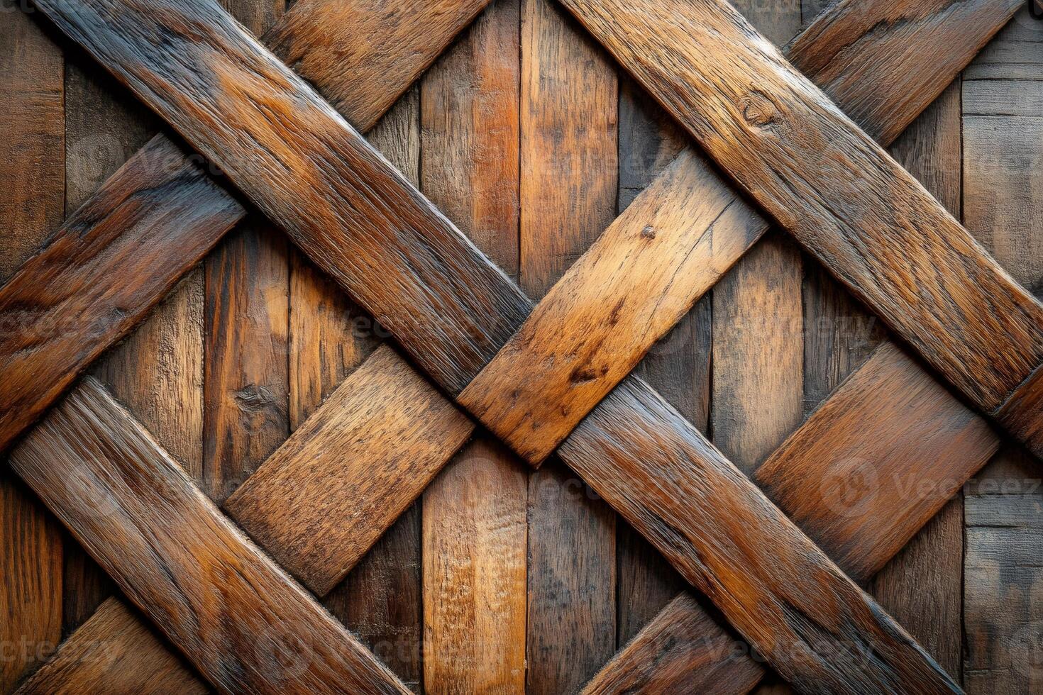 Interlaced wooden planks creating a geometric pattern on rustic surface photo
