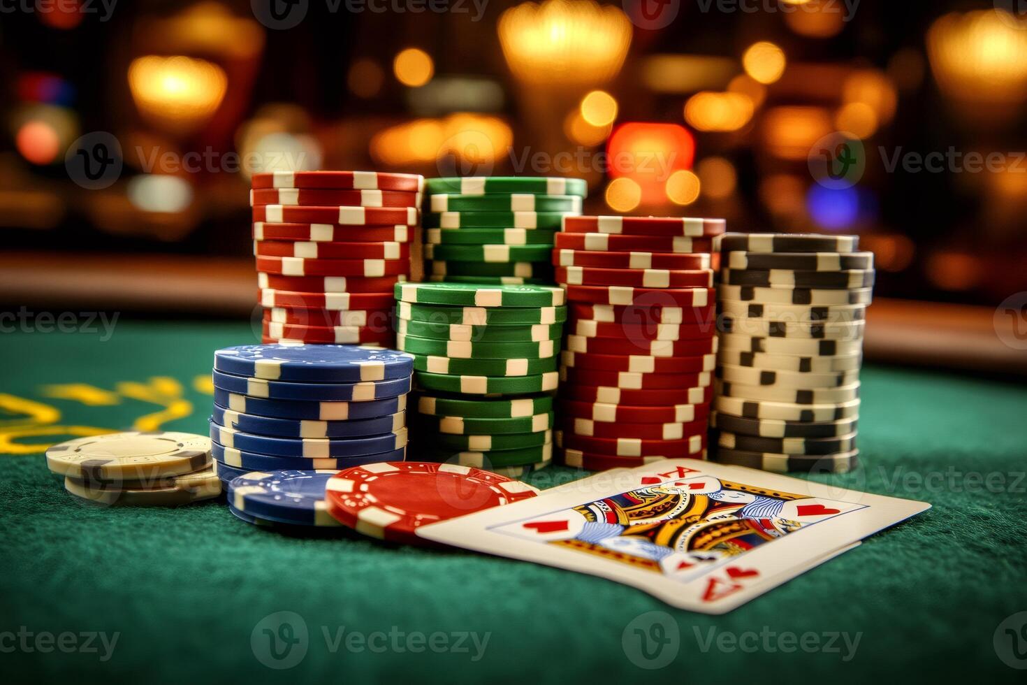 Poker chips stacked on green table with jack of hearts playing card photo