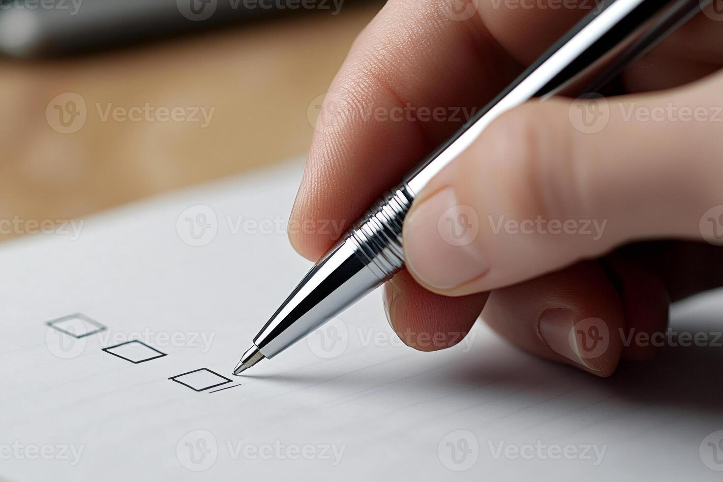 Person checking boxes on checklist with elegant pen photo
