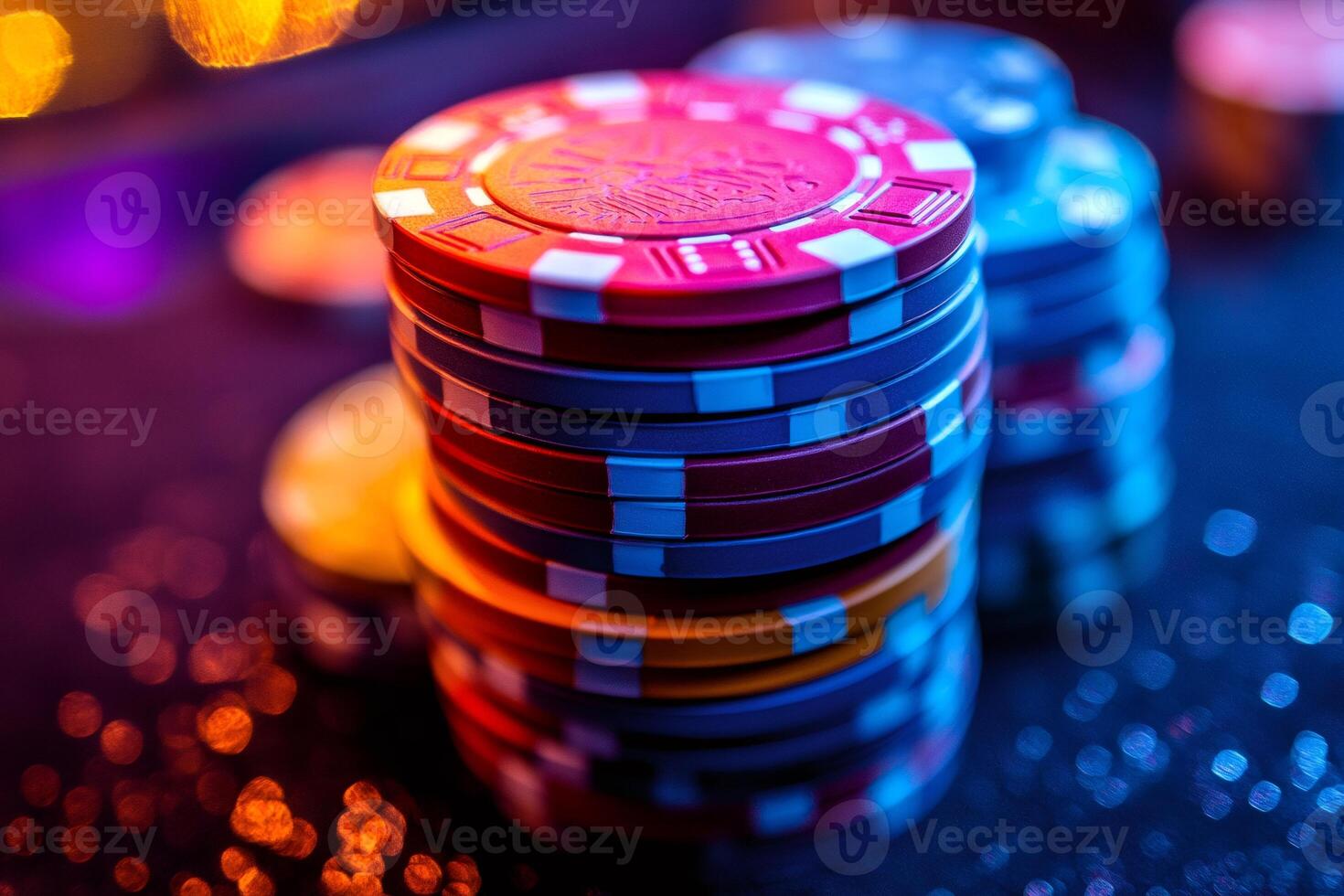 Stack of poker chips forming a tower on casino table illuminating gambling theme photo