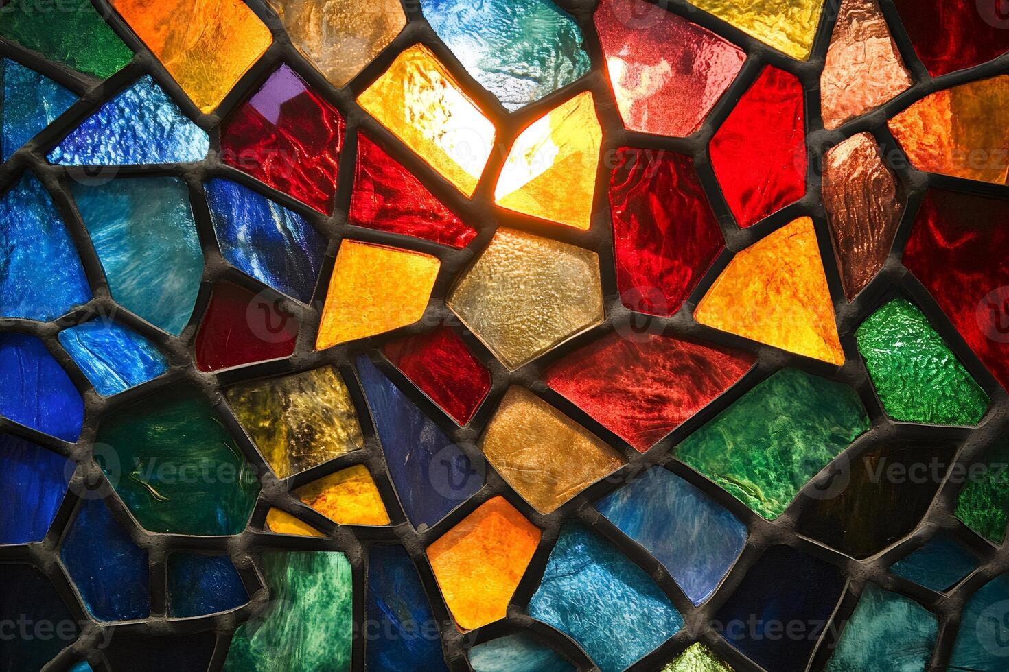 Colorful stained glass window shining in sunlight photo