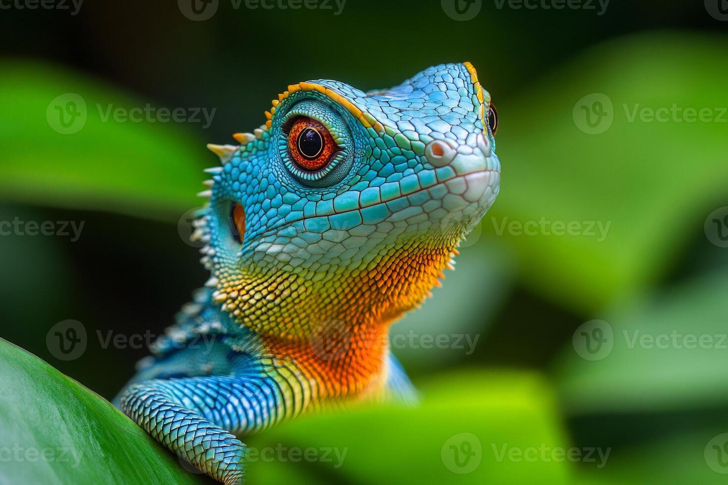 Colorful lizard resting on a green leaf in the jungle photo