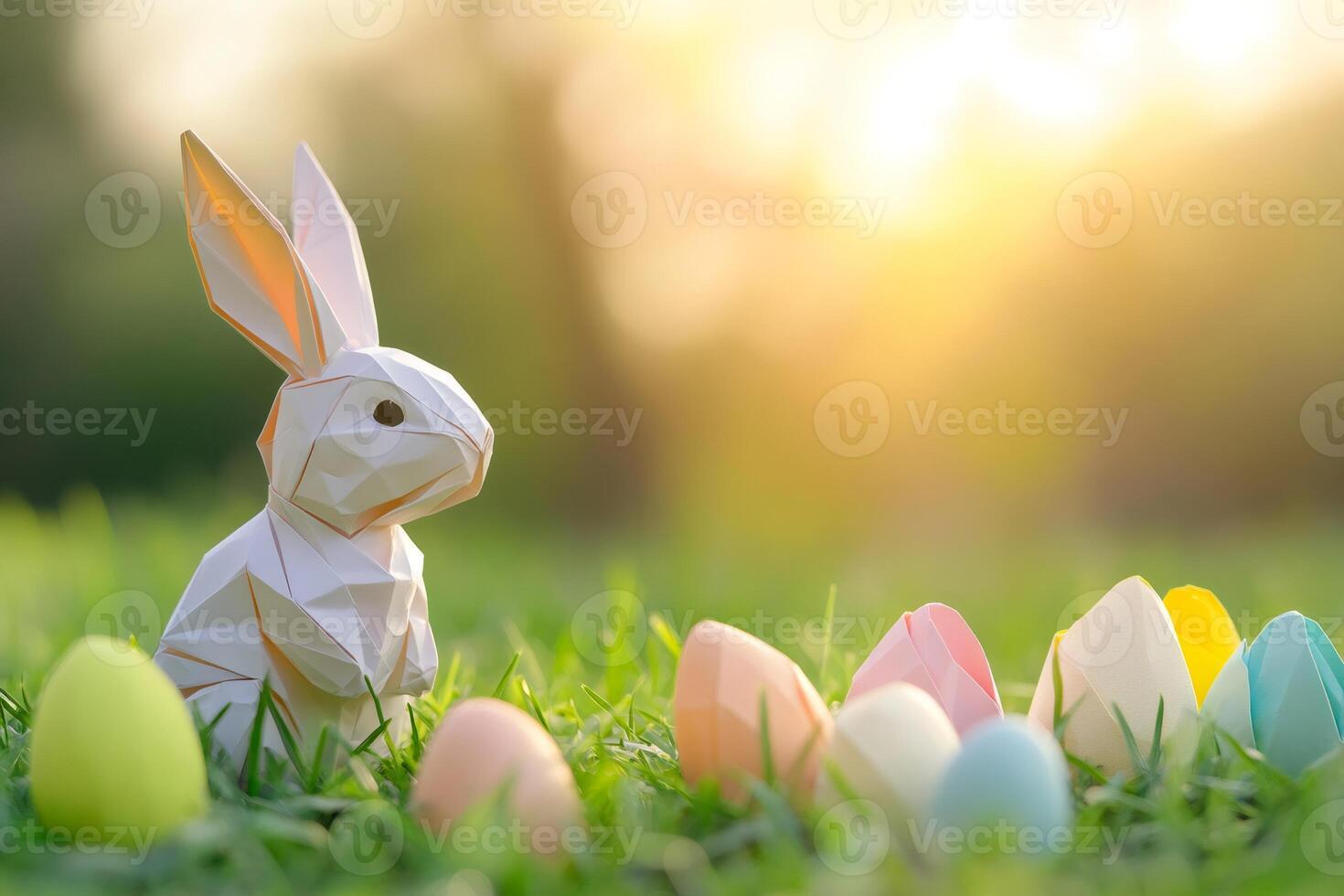 Origami easter bunny sitting in grass with colorful eggs at sunset photo
