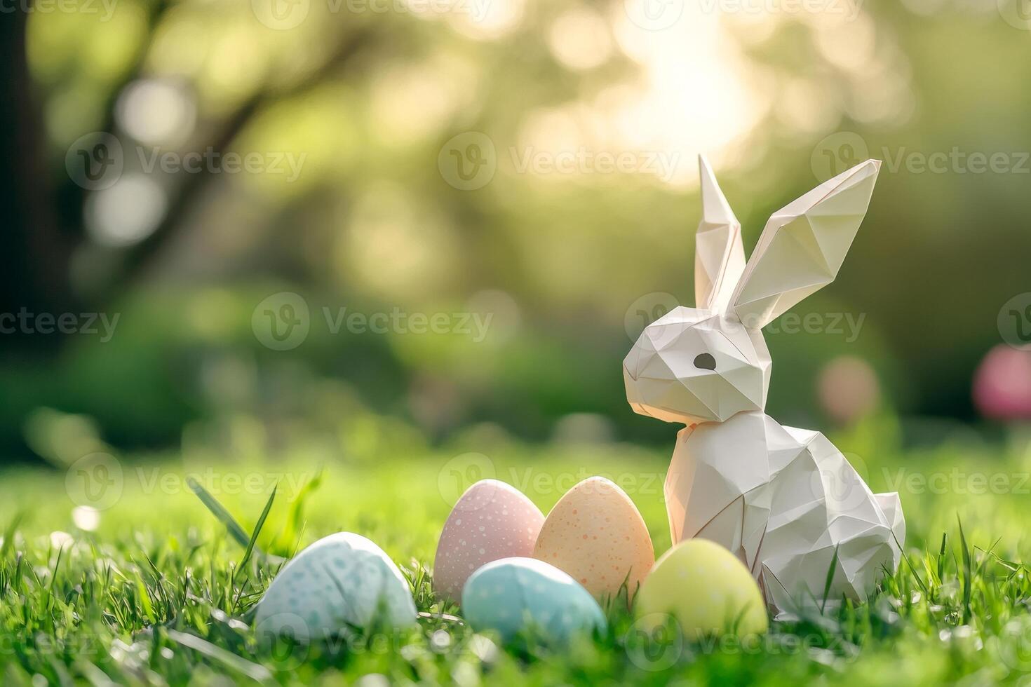 Origami easter bunny sitting on grass with colorful eggs... photo