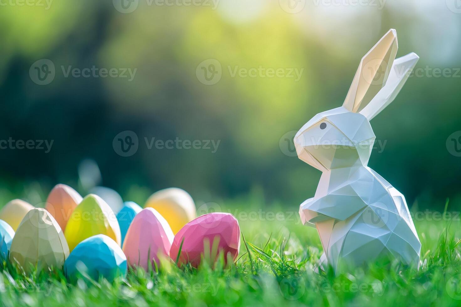 Origami easter bunny watching colorful eggs in green grass photo