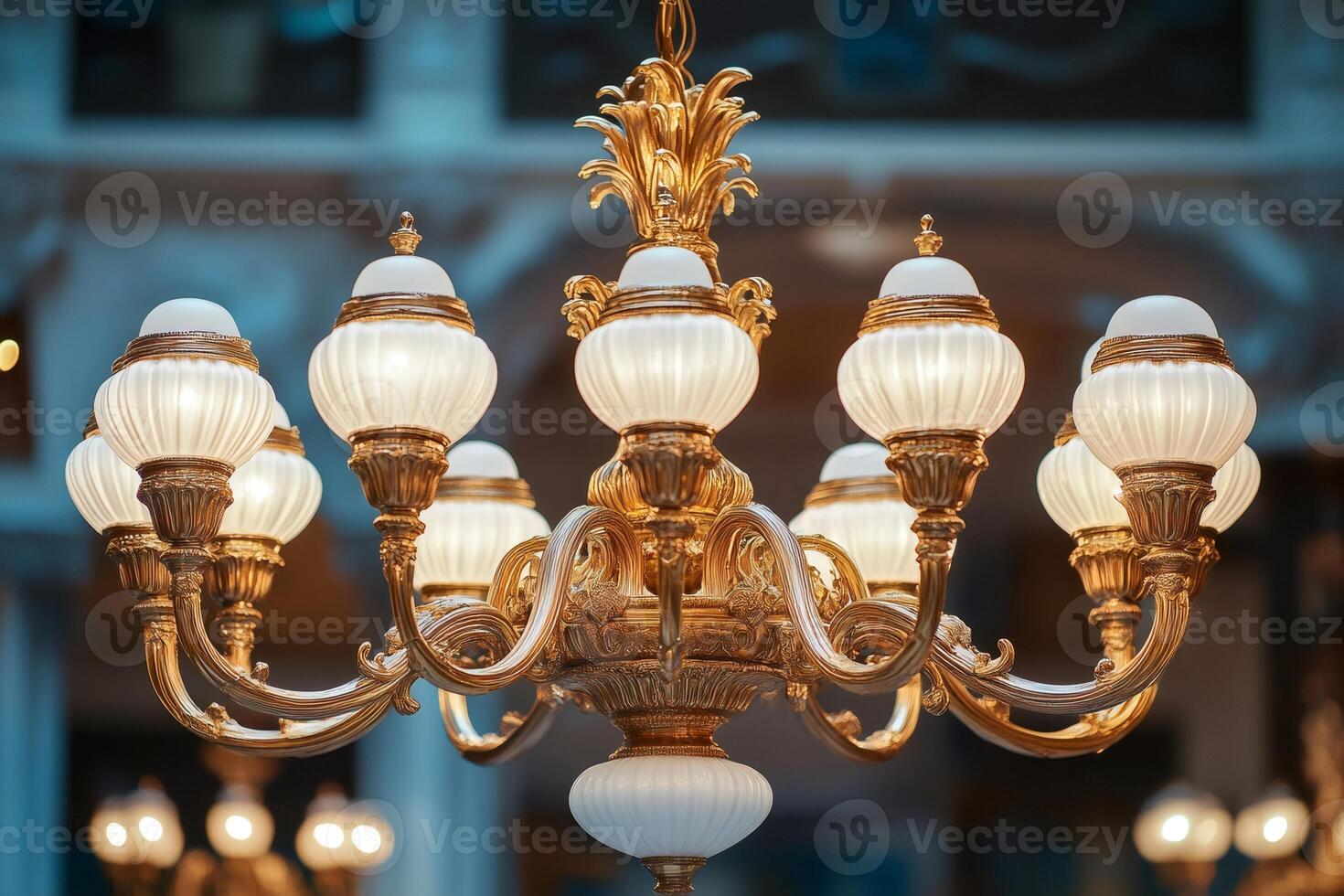 Elegant golden chandelier illuminating luxury interior design photo