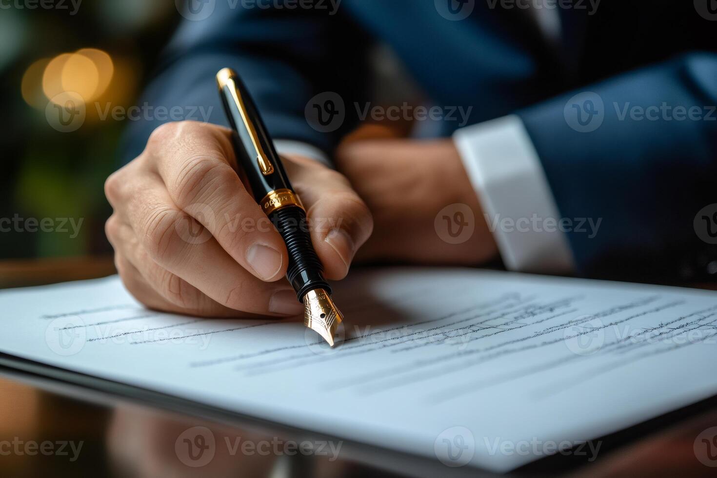 Businessman signing a contract with a luxury pen photo