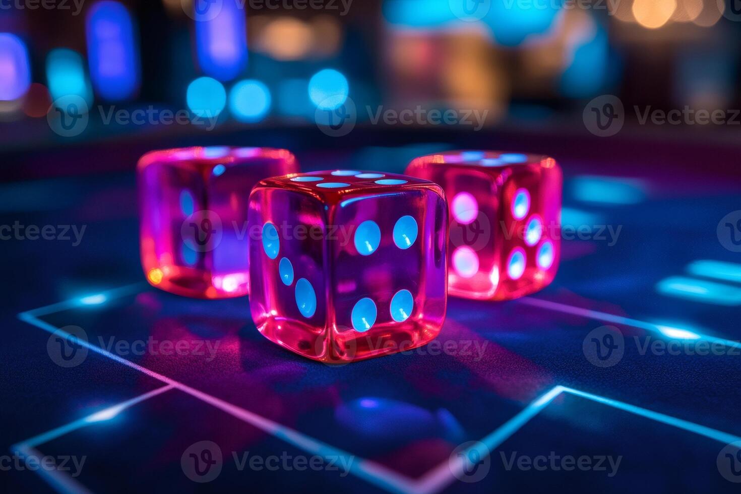 Three red dice on a futuristic casino table showing gambling addiction photo
