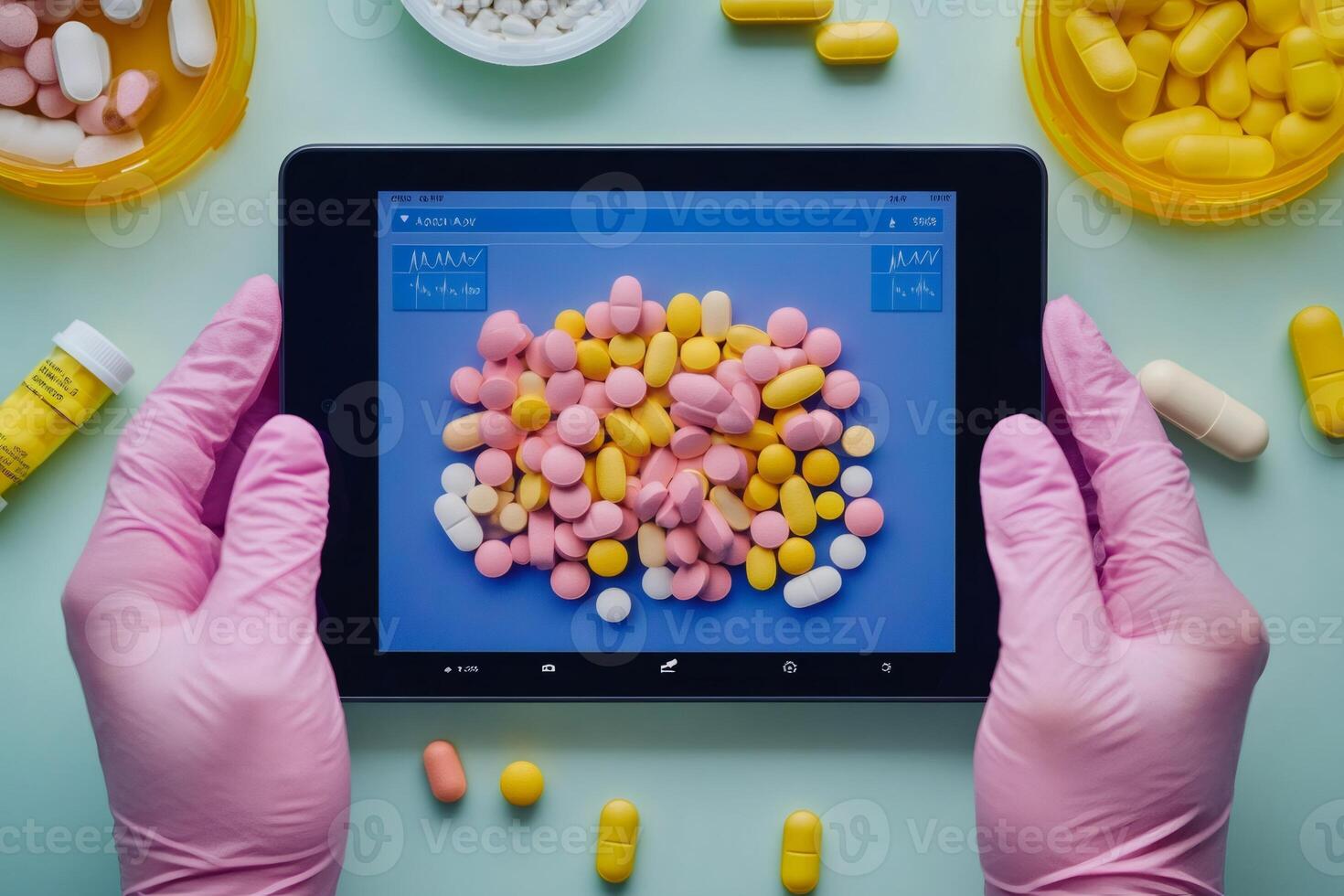 Doctor using tablet showing colorful pills and ekg readings photo