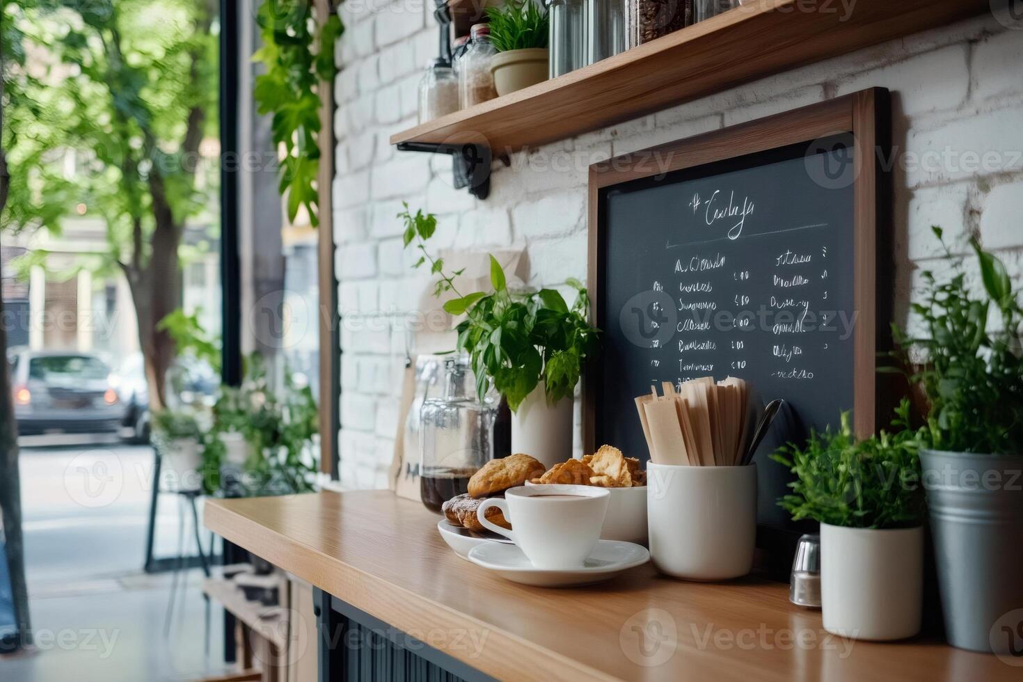 Coffee shop counter displaying menu and serving pastries with a cup of coffee photo