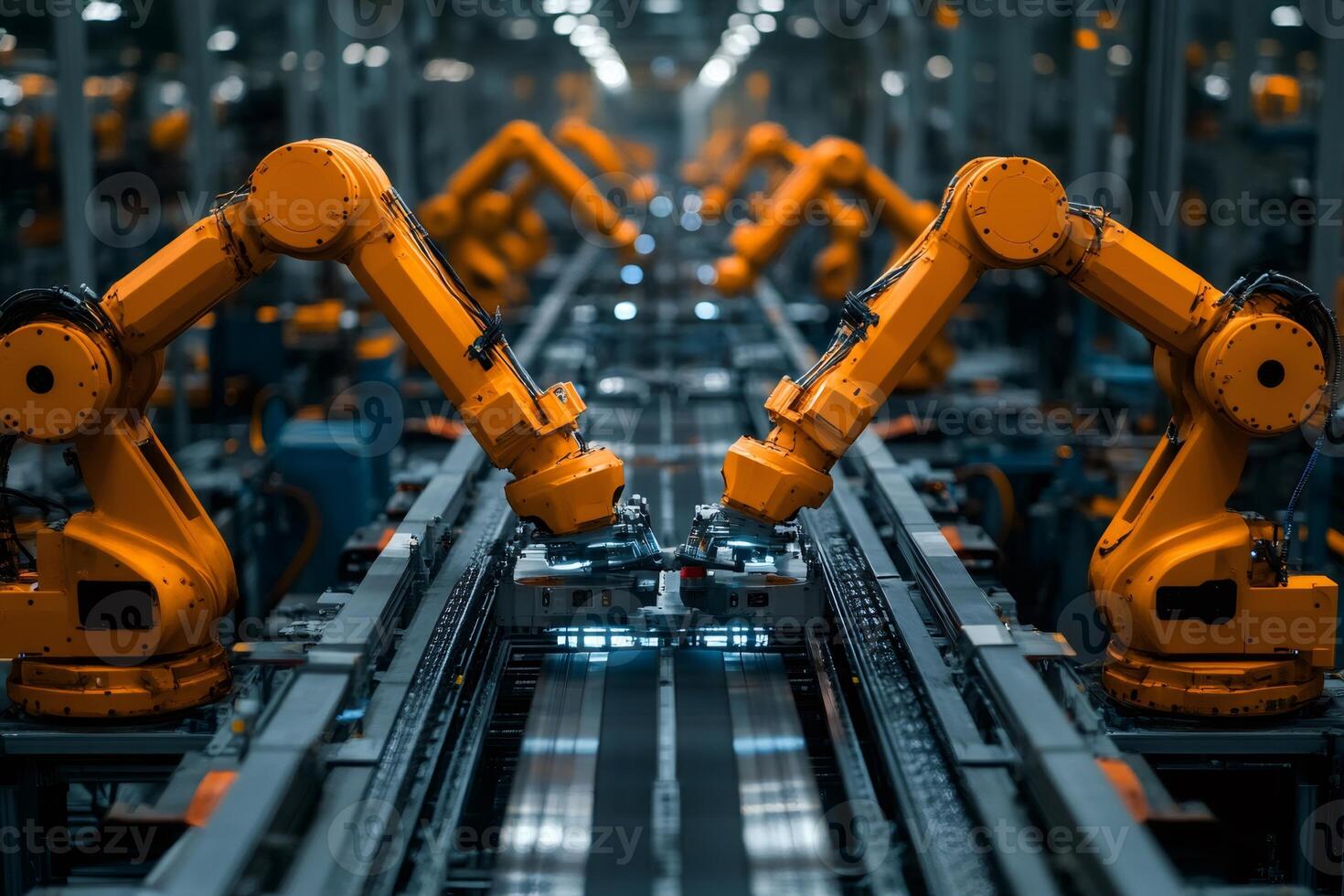Robotic arms working on assembly line in modern factory... photo