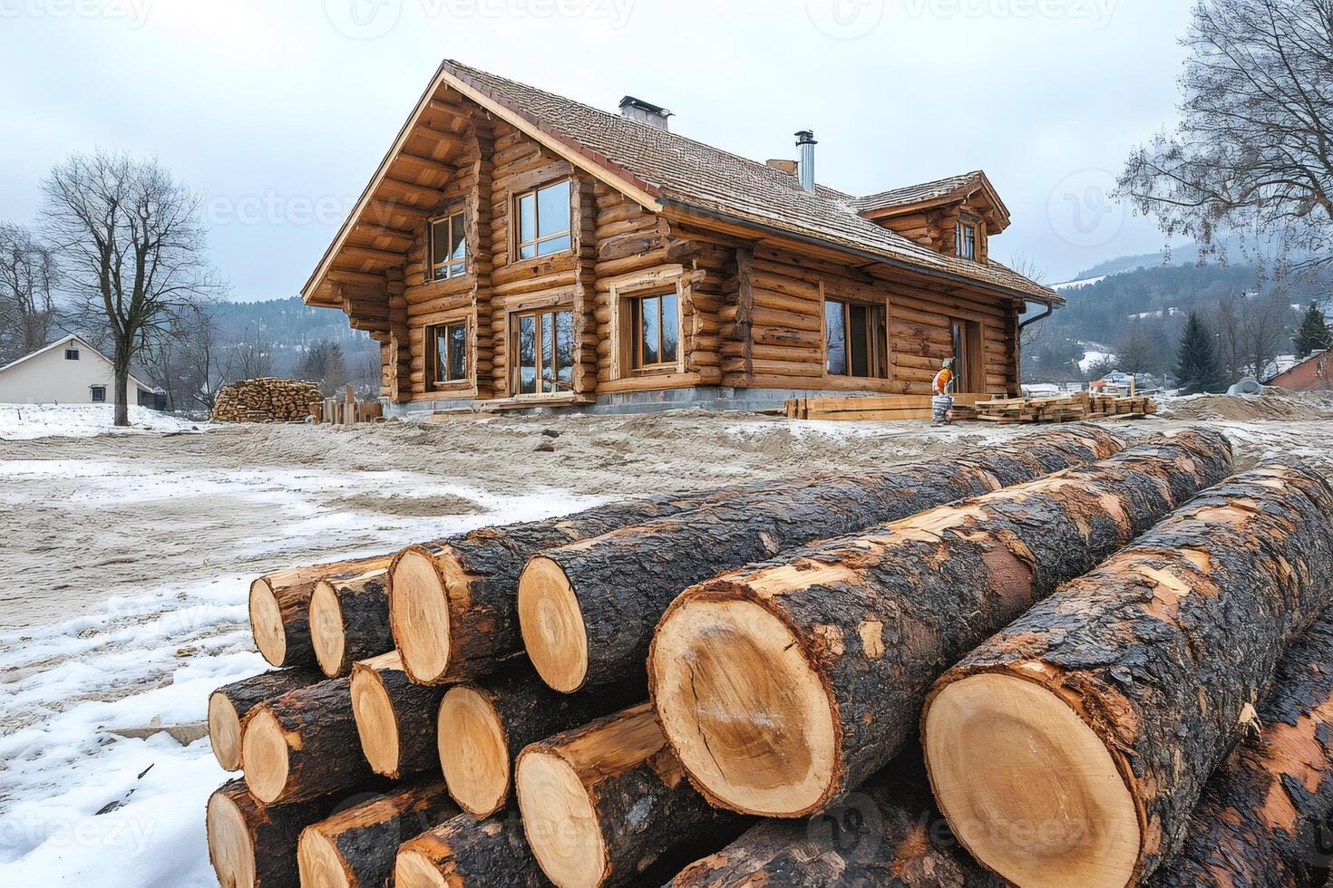 Building eco friendly log cabin, stack of logs in the foreground during winter photo