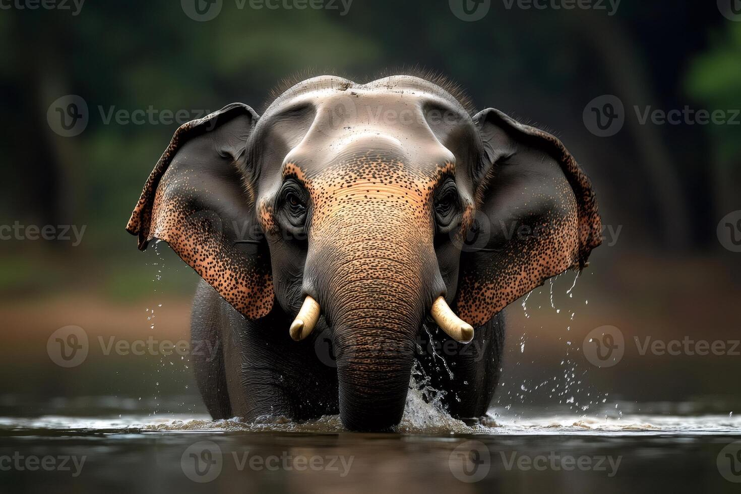 Large male elephant bathing in river with water splashing photo